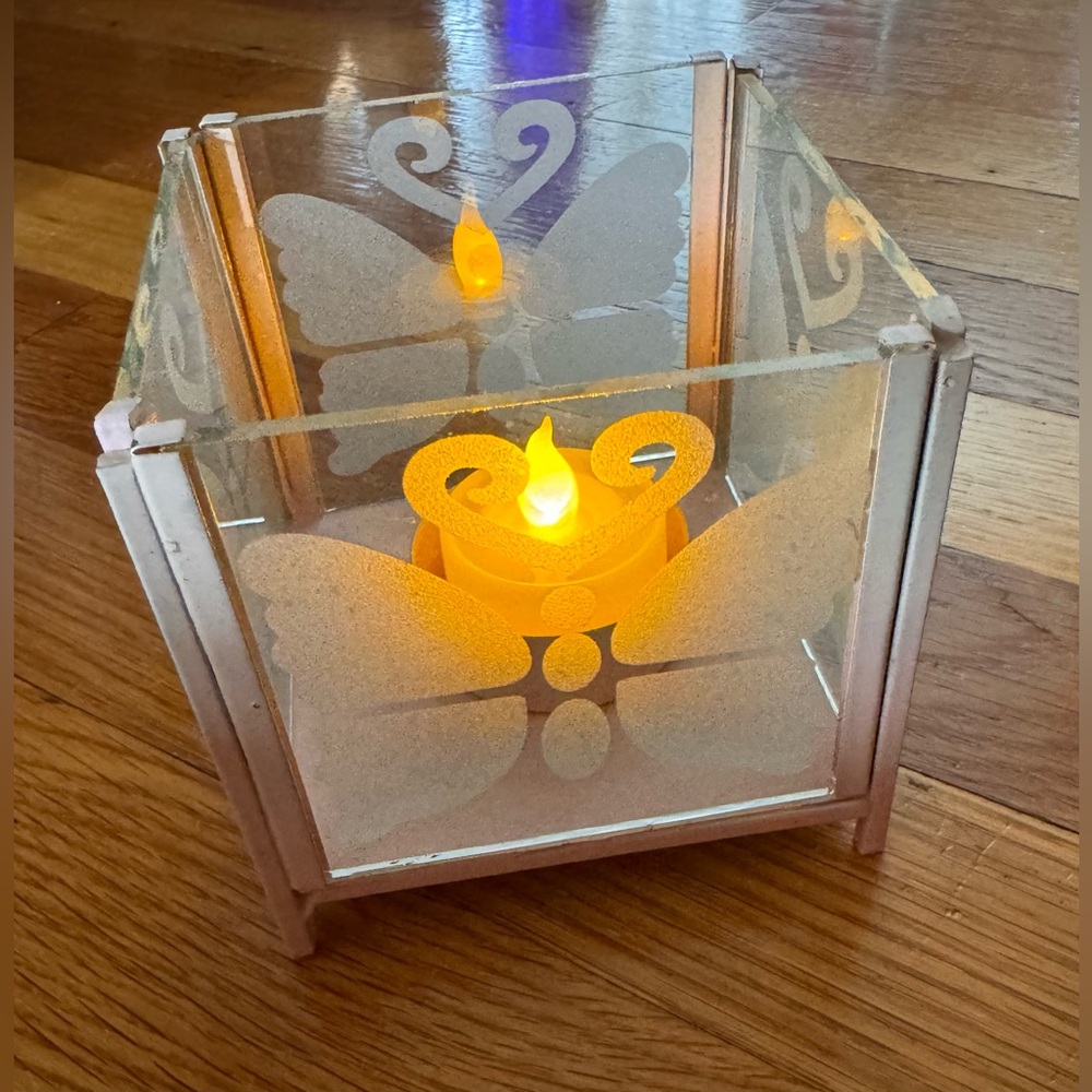 Vintage Butterfly Glass Candle Holder with LED Light